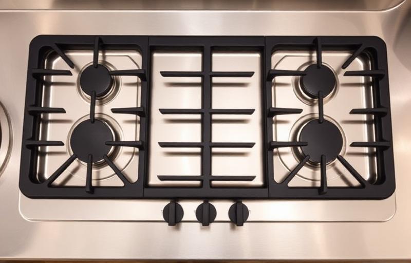 Gas stove burners on a stainless steel counter